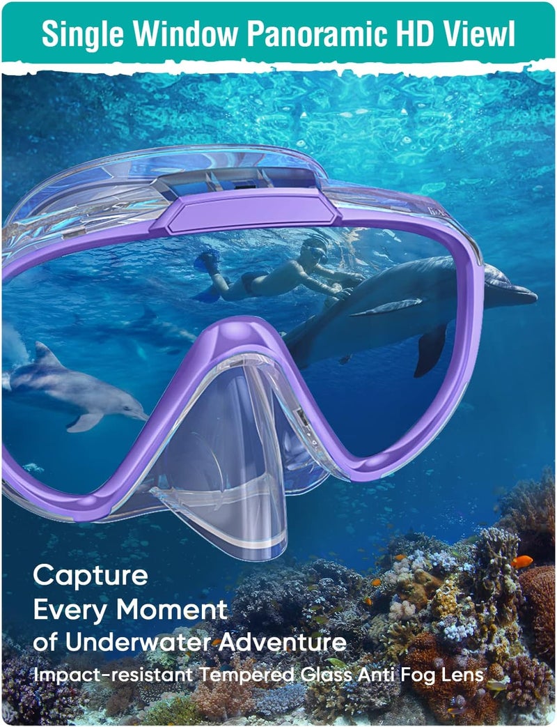 Seovediary Snorkel Set Adults Snorkeling Gear Anti-Fog Panoramic View Swim Mask Dry Top Snorkel Kit with Carry Bag for Snorkeling Scuba Diving Swimming Travel - Image 3